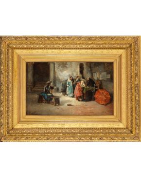 643-EUGENIO LUCAS VILLAAMIL (1858-1918) Escena de interior" Óleo/lienzo. Medidas: 38x64 cm. Firmado"