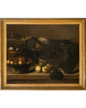 462-FRANCISCO BARRERA, (c. 1595 - 1658) Primera mitad del s. XVII Bodegón con frutas y hortalizas" Óleo sobre lienzo Medidas: 93 x 116 cm.   Presenta 