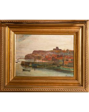 746-MANUEL GARCÍA LINARES (1943) Óleo sobre lienzo Vista de un pueblo desde el mar" Medidas: 24 X 34 cm. Firmado: "M. Linares"