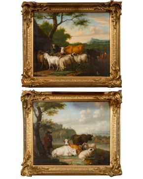 565-JAN VAN GOOL (1685-1763)  1724 "Pareja de tablas con vacas y ovejas" Óleos sobre tabla Firmados y fechados cada uno en el centro y lateral izquier