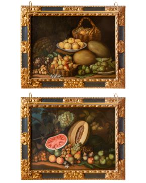 431-EFIGENIA DE CAVIECES (Cádiz,1790-) 1859 "Pareja de bodegones con frutas" Medidas: 67 x 90 cm. Firmado y fechado abajo: "Efigenia de Cavieces/ 1859