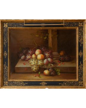 691-ESCUELA ESPAÑOLA, S.XX Bodegón de frutas"  Óleo sobre lienzo Medidas: 60 x 79 cm. "