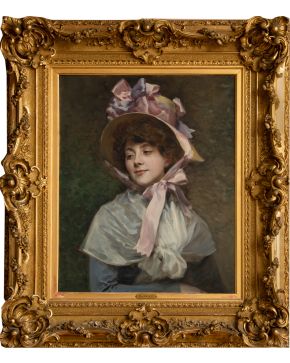 589-RAIMUNDO DE MADRAZO Y GARRETA (1841-1920) "Retrato de dama con sombrero" Óleo sobre lienzo Medidas: 50 x 64 cm. Firmado lateral derecho: "R. Madra