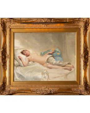 586-RAIMUNDO DE MADRAZO Y GARRETA (1841-1920) "Desnudo femenino" Óleo sobre lienzo Medidas: 50 x 64 cm. Firmado lateral izquierdo: "R. Madrazo/ París 