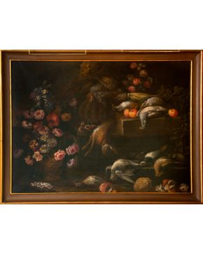 415-ESCUELA ITALIANA, S. XVII "Bodegón con aves muertas y flores" Óleo sobre lienzo Medidas: 111 x 153 cm.