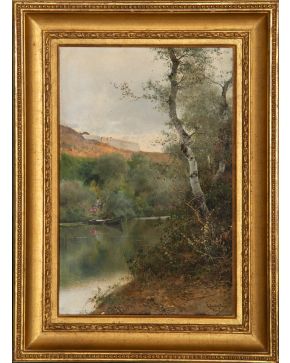 492-EMILIO SÁNCHEZ PERRIER (Sevilla, 1855-Alhama de Granada, 1907). S.XIX "Paisaje a la orilla de un rio" Óleo sobre lienzo Medidas: 36 x 23 cm. Firma