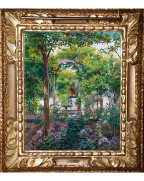 525-MANUEL GARCÍA Y RODRÍGUEZ ( 1863- 1925) Agosto, 1929 "Jardín andaluz" Óleo sobre lienzo Medidas: 60 x 50 cm. Firmado ángulo inferior derecho: "Gar