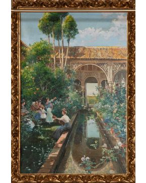 524-MANUEL GARCÍA Y RODRÍGUEZ (1863-1925)  1907 "Jardín del Generalife" Óleo sobre lienzo Medidas: 65 x 40 cm. Firmado y fechado ángulo inferior derec