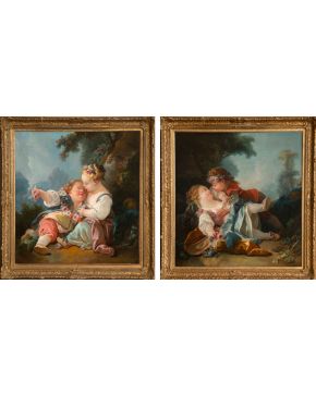 581-DISCIPULO DE FRANÇOIS BOUCHER Años centrales del S.XVIII Pareja de pinturas "Niños en escena amorosa" Óleo sobre lienzo Firmado