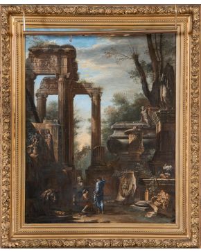 544-ATRIBUIDO GIOVANNI PAOLO PANNINI (Piacenza, 1691 - Roma, 1765) S.XVIII "Paisaje con ruinas clásicas" Óleo sobre lienzo Medidas: 67,3 x 50,2 cm. Pr