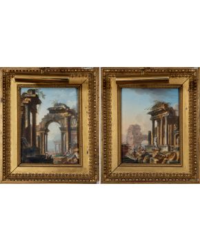 548-PIERRE-ANTOINE DE MACHY, (París 1723- 1807) 1756 Pareja de pinturas con "Capricho con arco de triunfo y perosnes delante y " Ruines de un templo c