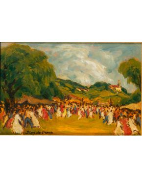 2277 A-ROBERTO DÍAZ DE OROSIA (Gijón, 1948) “Fiesta popular asturiana” Óleo sobre tabla Firmado parte inferior: “Diaz de Orosia” Medidas: 22,5 x 34 cm