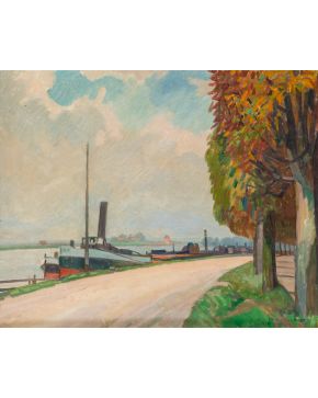 705-ALFRED MARIE LE PETIT (1876-1959) Paisaje con barcos" Óleo sobre lienzo. Firmado en el ángulo inferior derecho: "A. M. Le Petit" Medidas: 63 x 80 