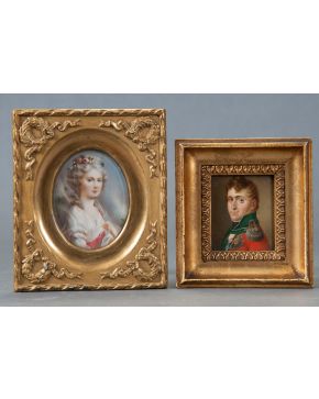 521-Lote de dos miniaturas alemanas en marco dorado, retrato de caballero y de dama.  La primera, atribuida a Friedrich Carl Gröger (1766 - 1838), y r