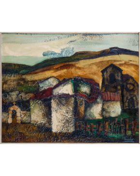 295-EDUARDO ÚRCULO (Santurce, Vizcaya, 1938 - Madrid, 2003) Vista de un pueblo" Óleo sobre tabla Firmado   Medidas: 58 x 72,8 cm."