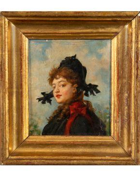 684-ATRIBUIDO A RAIMUNDO DE MADRAZO Retrato de joven" Óleo sobre lienzo Medidas: 12 x 14 cm. Inscrición: "Raimundo de Madrazo" La retratada podría rel