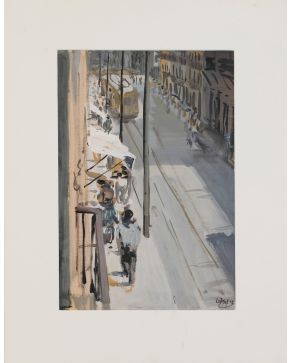 274-RAMÓN GAYA (Murcia 1910-Valencia 2005) Calle Madero".1957 Gouache  sobre papel Firmado y fechado 1957 Medidas: 49,5 x 34 cm. "