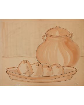 323-VICENTE GANDÍA (Valencia 1935-Cuernavaca 2009) Bodegón". c. 1956 Acuarela, tinta y aguada sobre papel México c. 1956 Medidas: 47,5 x 61 cm."