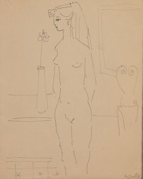 322-VICENTE GANDÍA (Valencia 1935-Cuernavaca 2009) Mujer desnuda". c. 1956 Tinta sobre papel Firmado, México. 1956 Medidas: 14 x 11 cm."