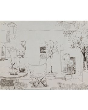 334-VICENTE GANDÍA (Valencia 1935-Cuernavaca 2009) terraza con mesa y sillas". 1970 Tinta sobre papel Medidas: 27,8 x 35,5 cm."