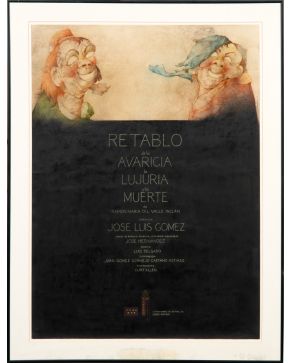 310-JOSÉ HERNÁNDEZ (Tánger 1944-Málaga 2013) Retablo de la avaricia, de la lujuria y de la muerte". 1994 Acuarela, tinta y lápiz sobre papel Firmado y