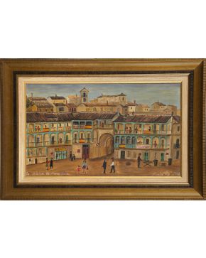 340-MARÍA POP (Atenas 1925-2009) "Plaza de Chinchón", 1972 Óleo sobre lienzo Firmado, fechado y titulado Plaza de Chinchón 1972" Medidas: 33 x 54 cm."