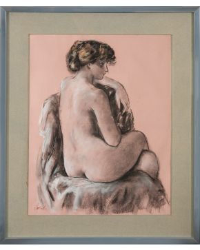 303-LUISA SALLENT (Ripollet 1934) Desnudo de espaldas"  Pastel y carboncillo sobre papel  Firmado  Medidas: 64 x 49,5 cm."