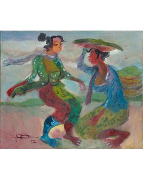 128-HENDRA GUNAWAN (Bandung, Indonesia 1918-Bali 1983) Two women at the market". 1972 Óleo sobre lienzo Firmado y fechado 1972 Firmado y fechado tambi