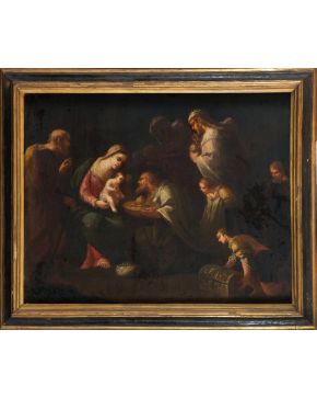 474-ESCUELA VENECIANA Primera mitad del S.XVIII Adoración de los Reyes Magos" Óleo sobre lienzo Medidas: 66 x 86 cm. Esta iconografía religiosa, que t