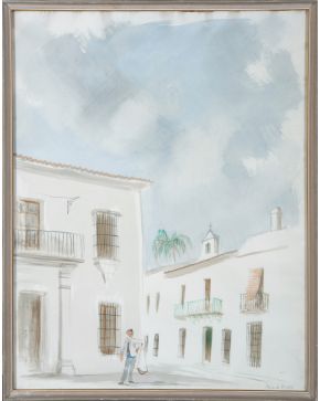 291-EDUARDO VICENTE (Madrid 1909-1968) Vendedor en el pueblo" Acuarela sobre papel Firmado  Medidas: 64 x 50 cm."