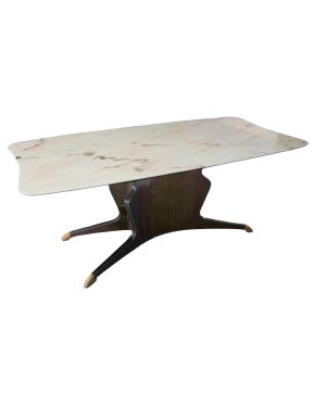 157-OSVALDO BORSANI (Varedo 1911-Milán 1985) Távolo". c.1950 Mesa de comedor con mármol blanco de Carrara y pie en madera de palisandro rematado en cu