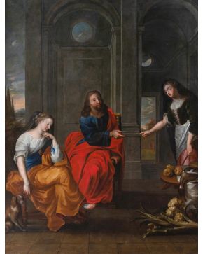 472-CÍRCULO DE GERARD SEGHERS   S.XVII "Cristo en casa de Marta y María" Óleo sobre lienzo Medidas: 230 x 175 cm.   Esta pintura de grandes dimensione