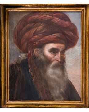 2084-ESCUELA ESPAÑOLA S. XX Retrato de hombre con turbante" Óleo sobre lienzo. Medidas: 48 x 38,5 cm."