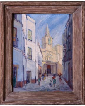 2075-ESCUELA ESPAÑOLA, S. XX “Vista de pueblo” Óleo sobre lienzo. Medidas: 50x38 cm.