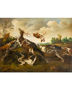 2098-SIGUIENDO MODELOS DE FRANS SNYDERS Cacería de venado" Óleo sobre lienzo. Medidas: "