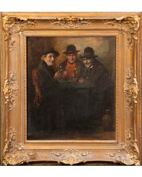 2080-AUGUST ROESELER (1866-1934) S.XIX-XX “Tres ancianos bebiendo” Óleo sobre lienzo Medidas: 62 x 49 cm