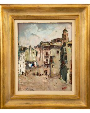 2076-JOSÉ RODRÍGUEZ BRONCHU (1912-?) Vista de pueblo" Óleo sobre lienzo Firmado  Medidas: 31 x 39 cm."