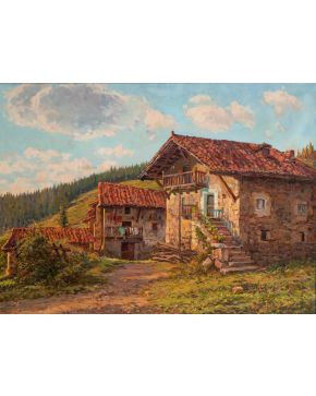 2069-JUAN FERRER CARBONELL (1892 - 1985) Casa del pueblo" Óleo sobre lienzo. Firmado Medidas: 71 x 52 cm."