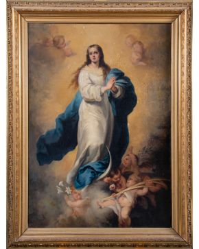 2114-ESCUELA ESPAÑOLA S.XX Inmaculada de El Escorial" Óleo sobre lienzo Medidas: 120 x 85 cm.  Copia de l