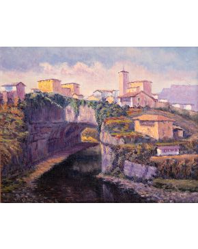 2073-ROMÁN IZAZKARAI (1917-) 2000 Puente del rey de Burgos" Óleo sobre panel Firmado ángulo inferior izquier