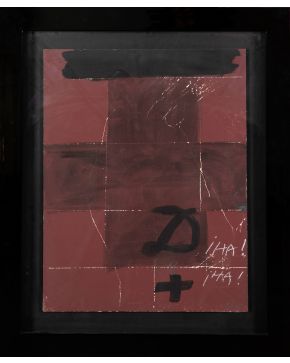 104-ANTONI TÀPIES (Barcelona 1923- 2012) Cruz y signos en marrón". 1975 Óleo y tiza sobre cartón adherido a tabla