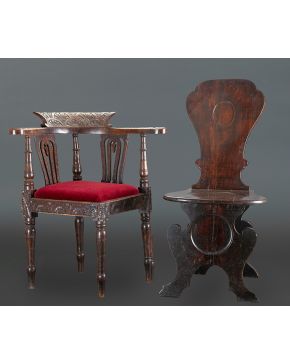 2175-Lote formado por: silla anglo india de esquina, ff. s. XIX y silla tipo sgabello"". Altura mayor: 99 cm.""