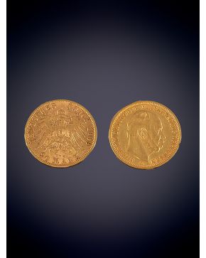 888-DOS MONEDAS 20 MARCOS 1909 Y 1875 EN ORO AMARILLO DE 18K. 