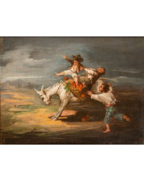 2124-LEONARDO ALENZA Y NIETO (Madrid 1807-1845) “Escena de niños jugando con un burro" Óleo so