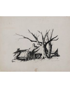 1605-VICENTE GANDÍA (Valencia 1935-Cuernavaca 2009) Casa y árbol". c. 1951 Tinta sobre cartón