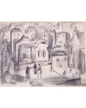 1462-BRUNO BERÁN (Brno, República Checa 1881-Palma de Mallorca 1979) Pueblo".  Dibujo a lápiz 