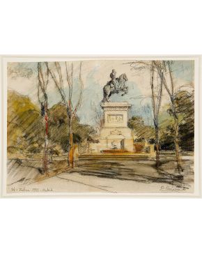 2154 A-DIONISIO BAIXERAS (Barcelona, 1861 - 1943)  Vista de la plaza de Oriente con la estatua de