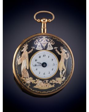 980-RELOJ DE BOLSILLO DE COLECCIÓN, PP S.XIX, FRANCIA. REPETICIÓN DE CUARTOS Y DOS AUTÓMATAS CON CAMPANAS. GRAN CAJA EN ORO AMARILLO DE 18K.