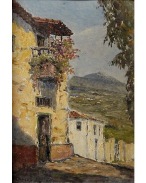 2196-MANUEL LÓPEZ RUIZ (Cádiz, 1873 - Santa Cruz de Tenerife, 1961) Balcón con flores" Óleo sobre cartón firmado Medidas: 33 x 22 c