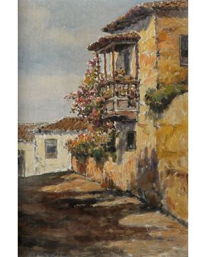 2197-MANUEL LÓPEZ RUIZ (Cádiz, 1873 - Santa Cruz de Tenerife, 1961) Calle de pueblo con balcón de flores" Óleo sobre cartón firmado 